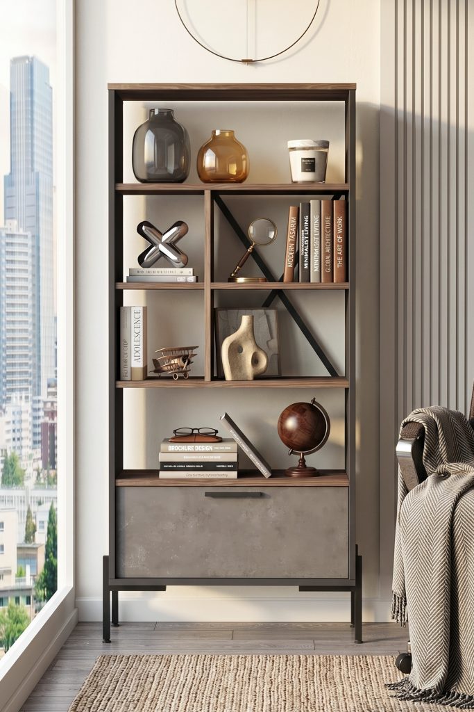 Vista D Ofis Kitaplık Metal Ayaklı Kahve-Beton-Antrasit VS4-CGA