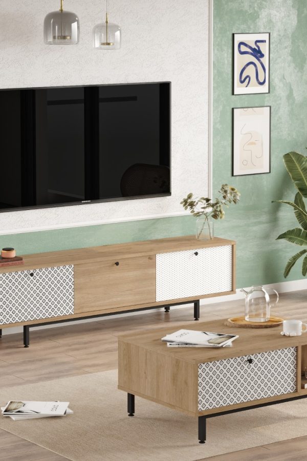 Crea Tv Ünitesi Orta Sehpa 2'Li Set Metal Ayaklı Uv Baskı Sepet-Beyaz CA6-SWU