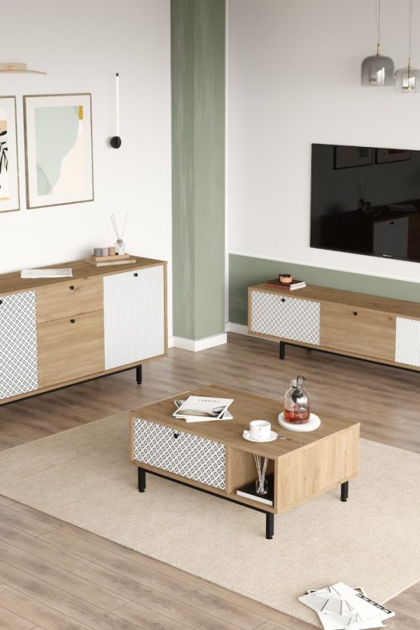 Crea Tv Ünitesi Orta Sehpa Konsol 3'Lü Set Metal Ayaklı Uv Baskı Sepet-Beyaz CA7-SWU