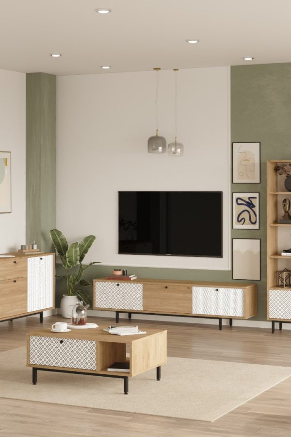 Crea Tv Ünitesi Orta Sehpa Konsol Kitaplık 4'Lü Set Metal Ayaklı Uv Baskı Sepet-Beyaz CA8-SWU