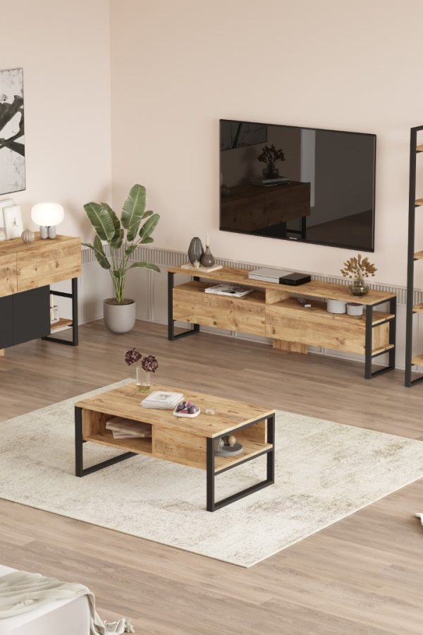 ML38 Iron Metal Tv Ünitesi Orta Sehpa Konsol Kitaplık 4'Lü Set Çam ML38-A