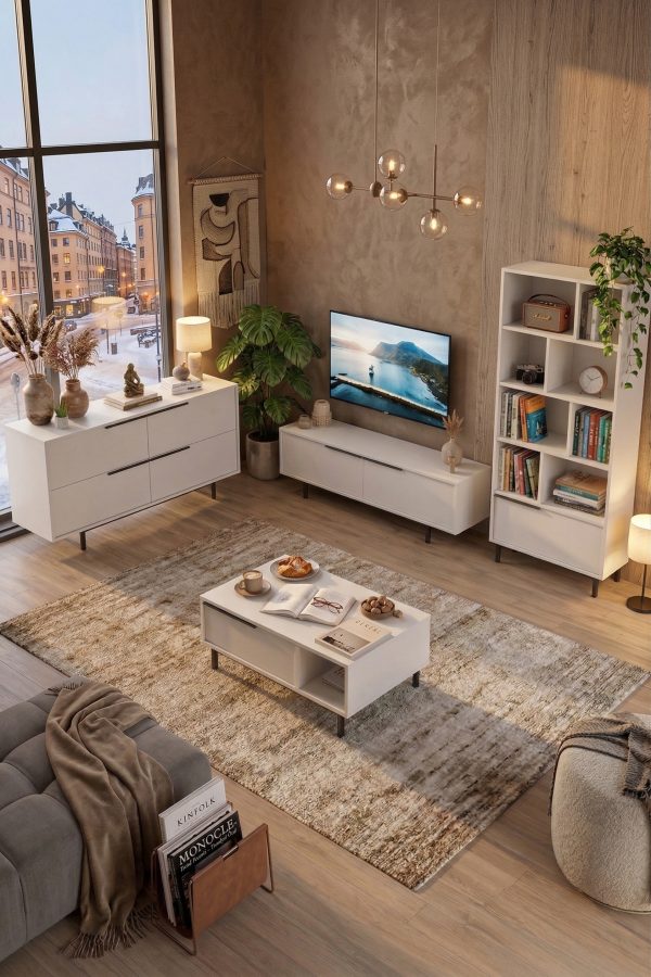 Ocean Tv Ünitesi Orta Sehpa Konsol Kitaplık 4'Lü Set Beyaz ON21-W