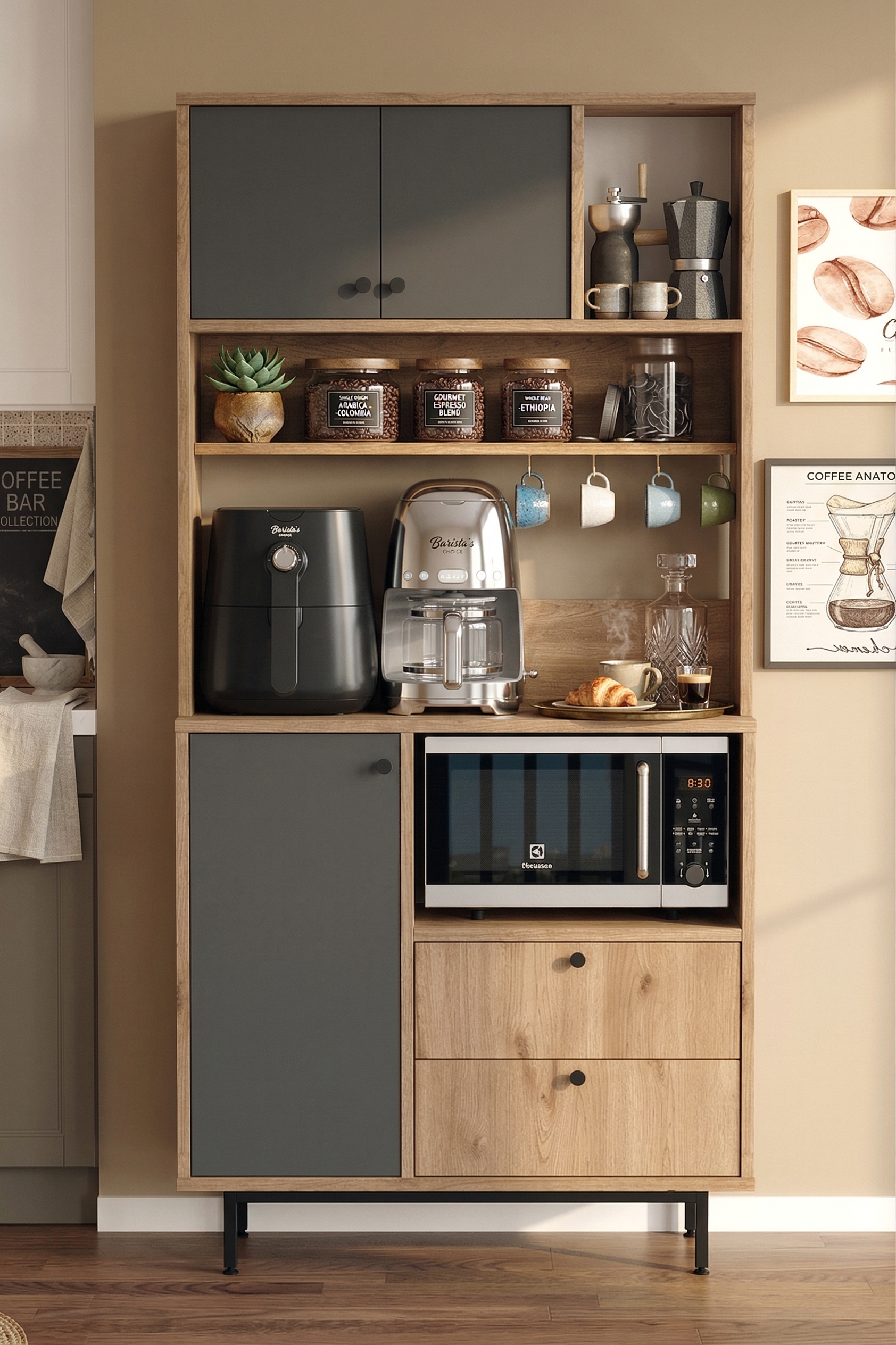 Royce Serisi Kahve Köşesi Çok Amaçlı Dolap Mutfak Dolabı Sepet-Antrasit RE4-SA