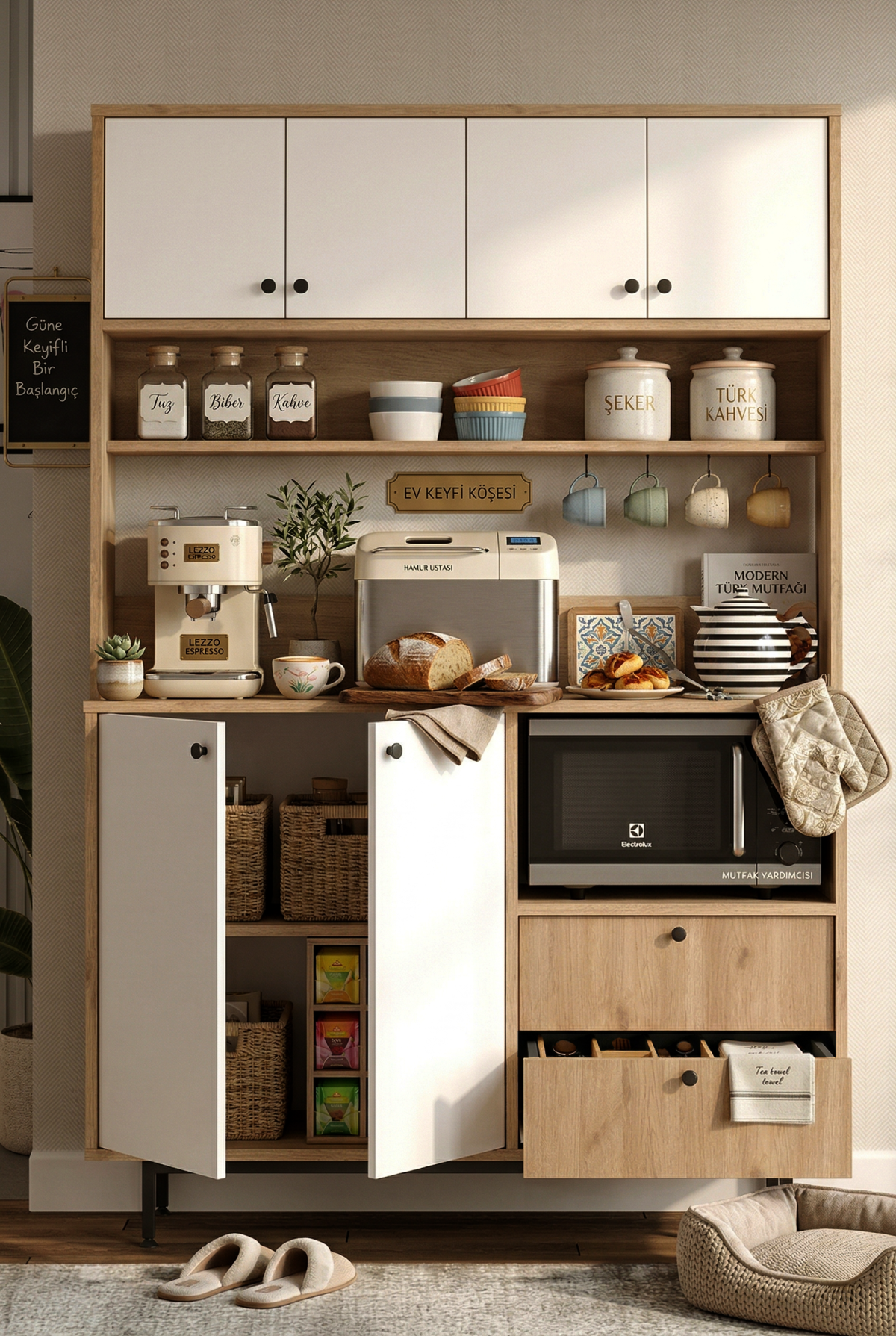 Royce Serisi Kahve Köşesi Çok Amaçlı Dolap Mutfak Dolabı Sepet-Beyaz RE5-SW