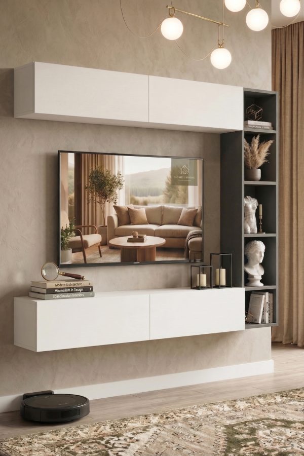 Cohen Tv Ünitesi Kitaplık Duvara Monte Beyaz-Antrasit CN1-WAN