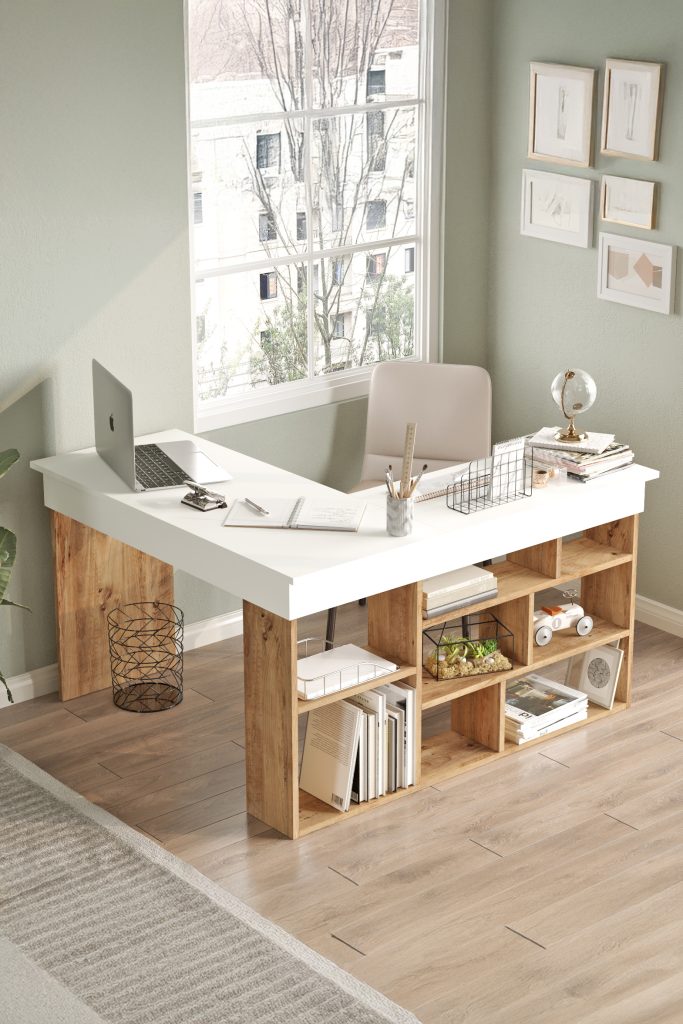 Tywin Kitaplık Raflı Çalışma Masası Çam-Beyaz CT5-AW