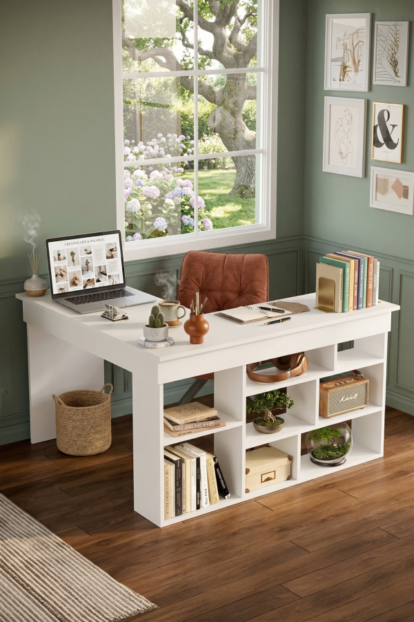 Tywin Kitaplık Raflı Çalışma Masası Beyaz CT5-W