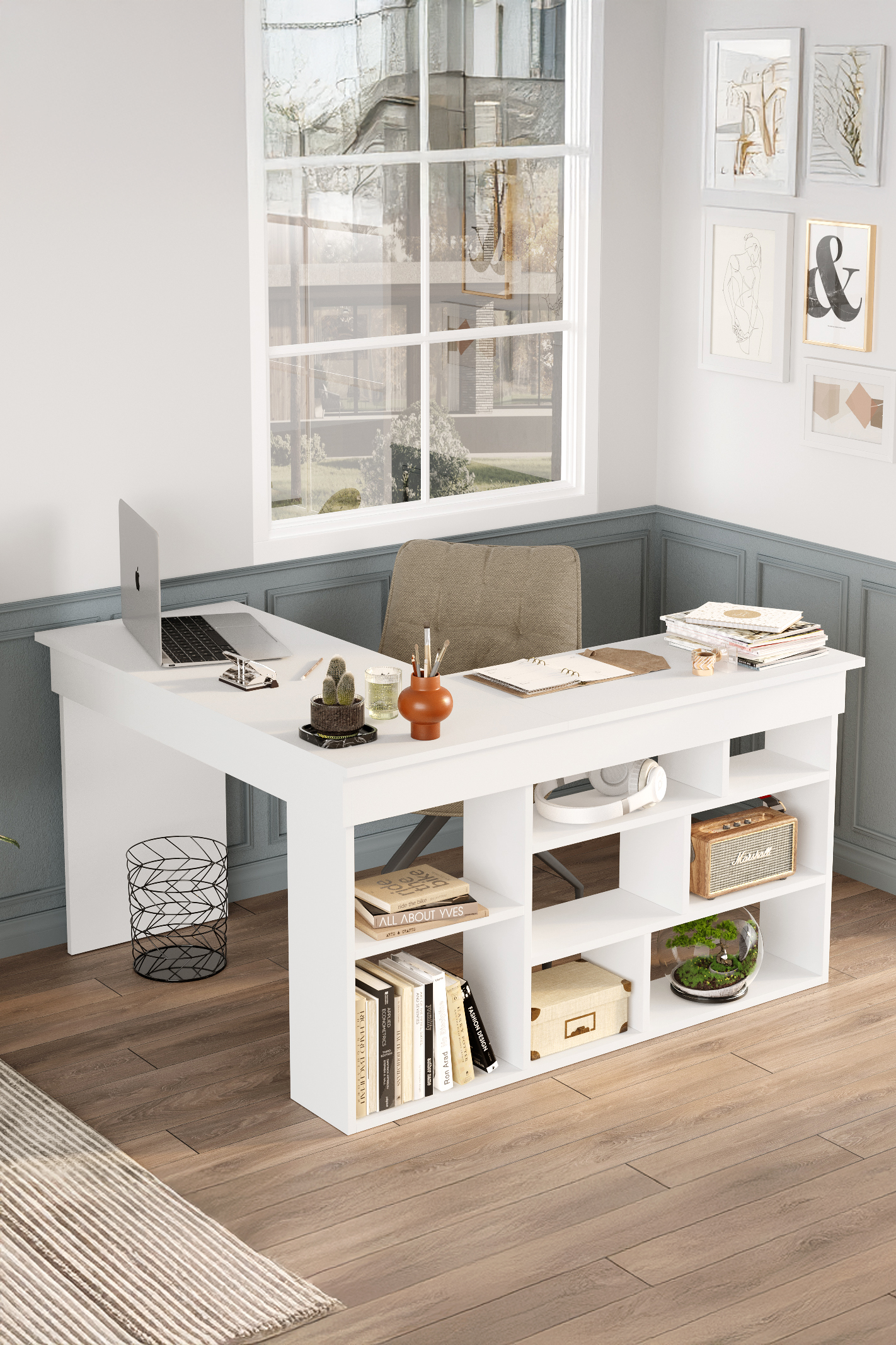 Tywin Kitaplık Raflı Çalışma Masası Beyaz CT5-W