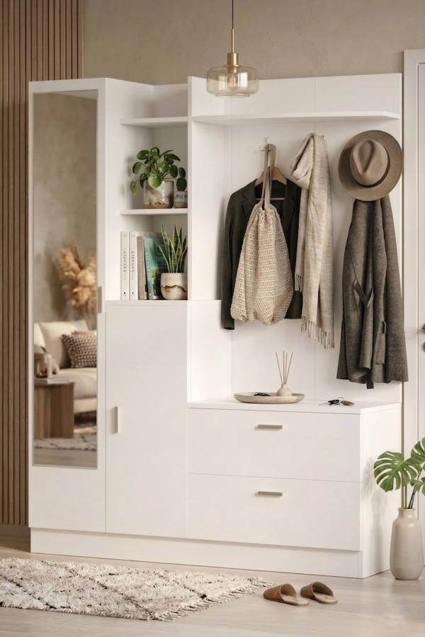 Wisdom Vestiyer Ayakkabılık Portmanto Aynalı Raf Beyaz DD5-W