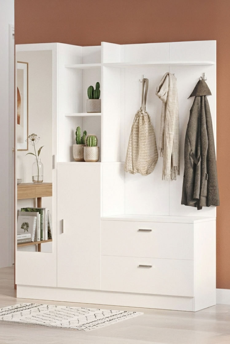 Wisdom Vestiyer Ayakkabılık Portmanto Aynalı Raf Beyaz DD5-W