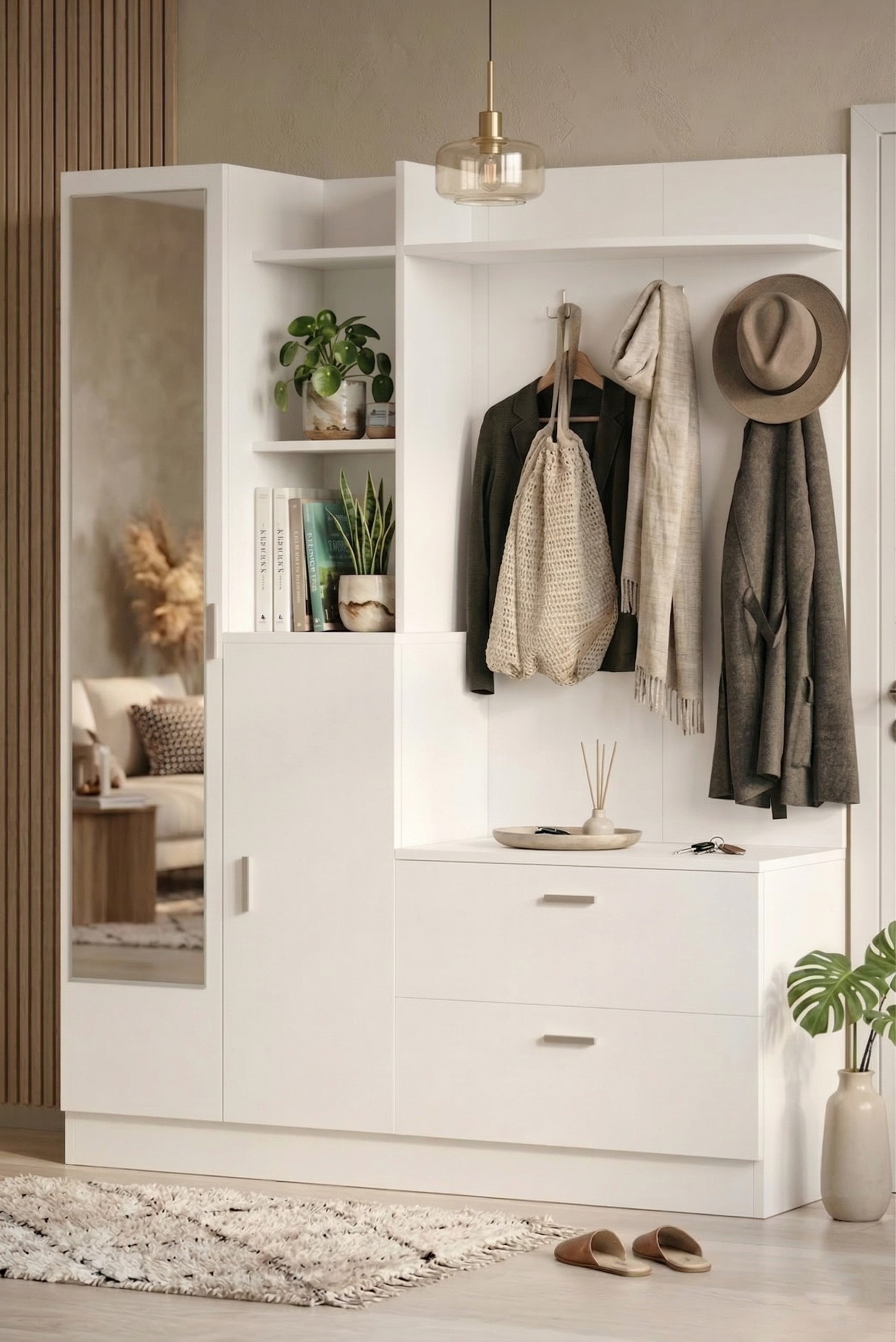 Wisdom Vestiyer Ayakkabılık Portmanto Aynalı Raf Beyaz DD5-W