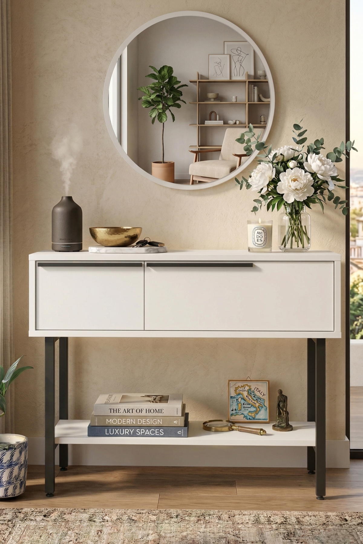 Ocean Dresuar Aynalı Kapaklı Metal Ayaklı Beyaz ON12-W