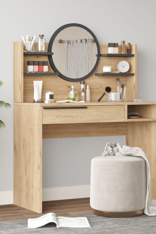 Ocean Makyaj Masası Aynalı Raflı Çekmeceli Sepet-Antrasit ON28-SA