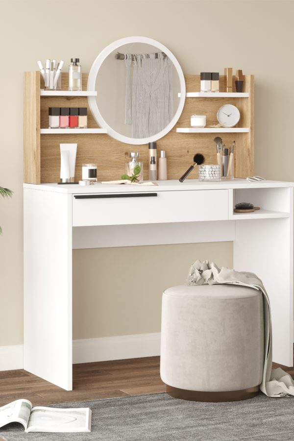 Ocean Makyaj Masası Aynalı Raflı Çekmeceli Sepet-Beyaz ON28-SW