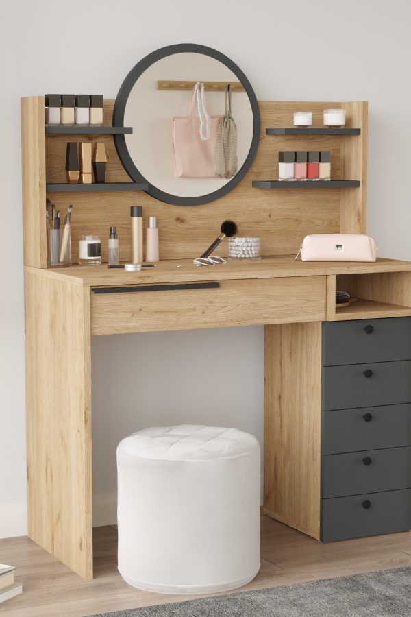 Ocean Makyaj Masası Aynalı Çekmeceli Şifonyer Raf Sepet-Antrasit ON30-SA