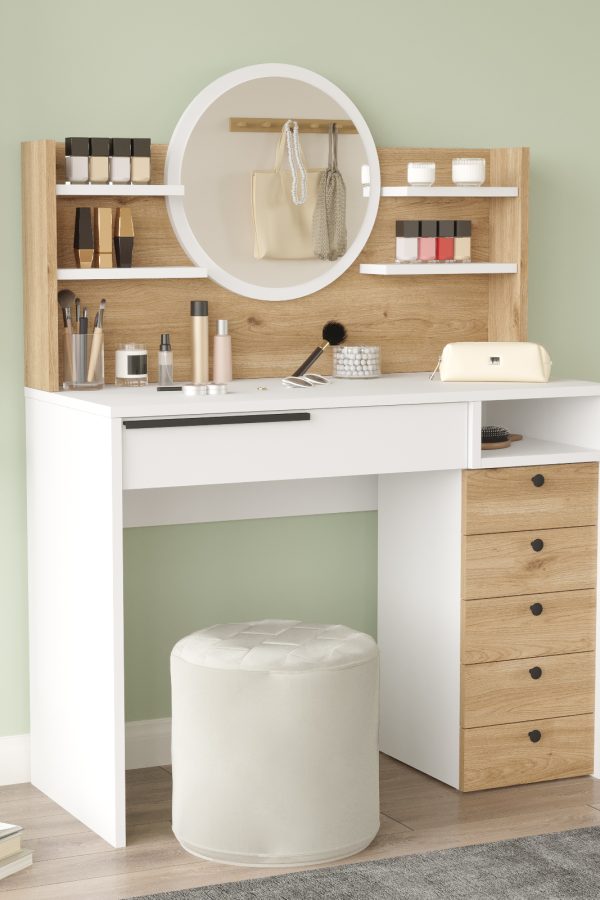 Ocean Makyaj Masası Aynalı Çekmeceli Şifonyer Raf Sepet-Beyaz ON30-SW