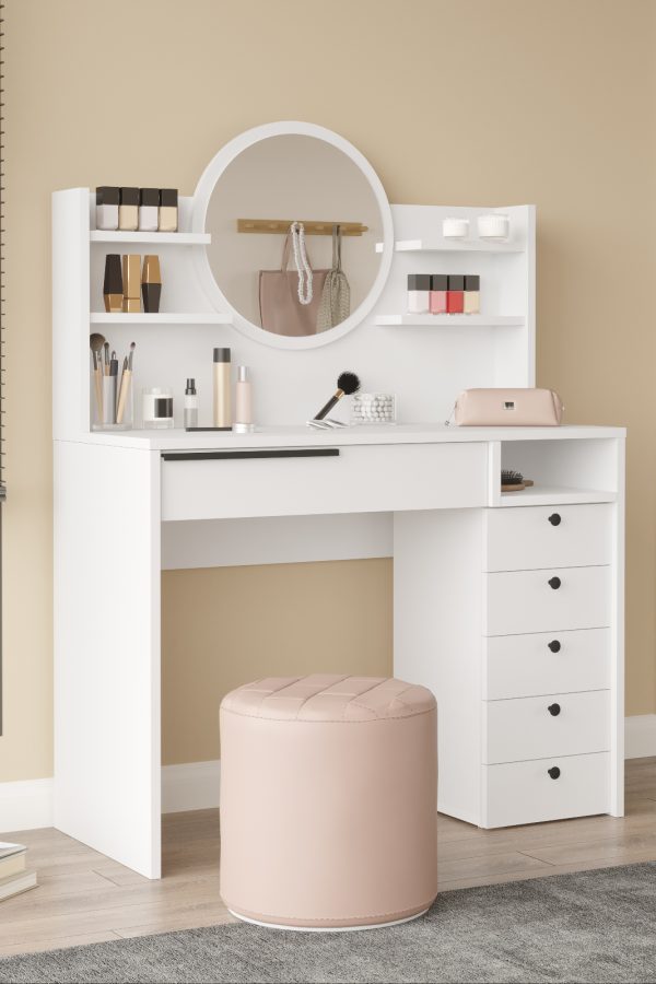 Ocean Makyaj Masası Aynalı Çekmeceli Şifonyer Raf Beyaz ON30-W