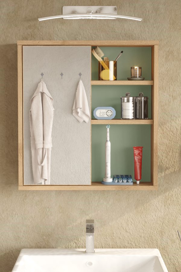 Nova Aynalı Lavabo Üstü Banyo Dolabı Raflı Kapaklı 60cm Sepet-Ihlamur Yeşili NA1-SY