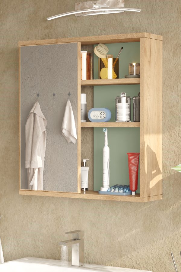 Nova Aynalı Lavabo Üstü Banyo Dolabı Raflı Kapaklı 60cm Sepet-Ihlamur Yeşili NA1-SY