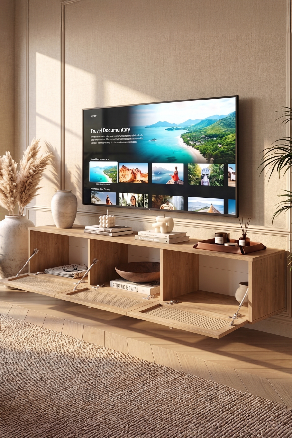 Dune Tv Ünitesi Sehpası Duvara Monte 3 Ahşap Jüt Kapaklı 180cm Sepet-Jüt DN1-SJ