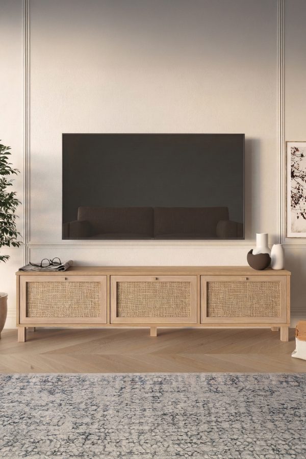 Dune Tv Ünitesi Sehpası Ahşap Ayaklı 3 Ahşap Jüt Kapaklı 180cm Sepet-Jüt DN2-SJ