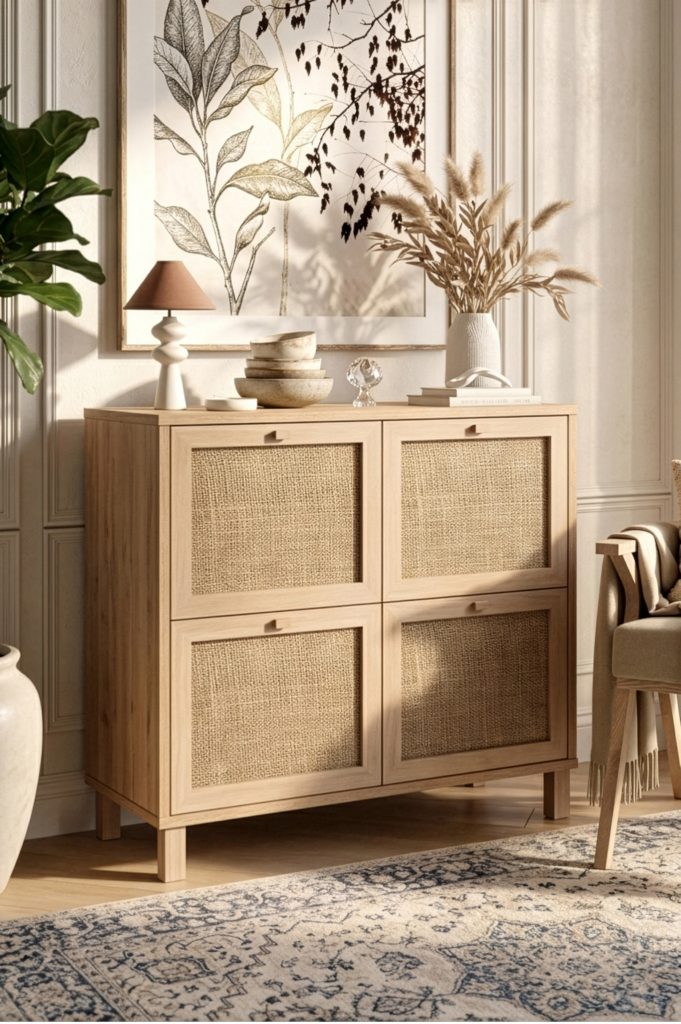 Dune Ayakkabılık Çok Amaçlı Dolap Ahşap Ayaklı Ahşap Jüt Kapaklı Sepet-Jüt DN4-SJ