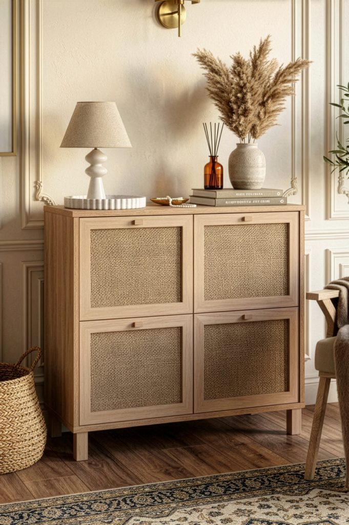 Dune Ayakkabılık Çok Amaçlı Dolap Ahşap Ayaklı Ahşap Jüt Kapaklı Sepet-Jüt DN4-SJ