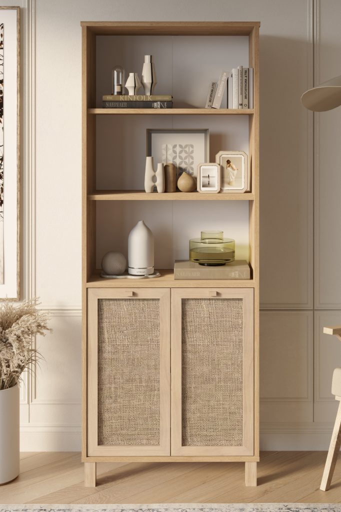 Dune Kitaplık Raf Ahşap Ayaklı 180cm Ahşap Jüt Kapaklı Sepet-Jüt DN5-SJ