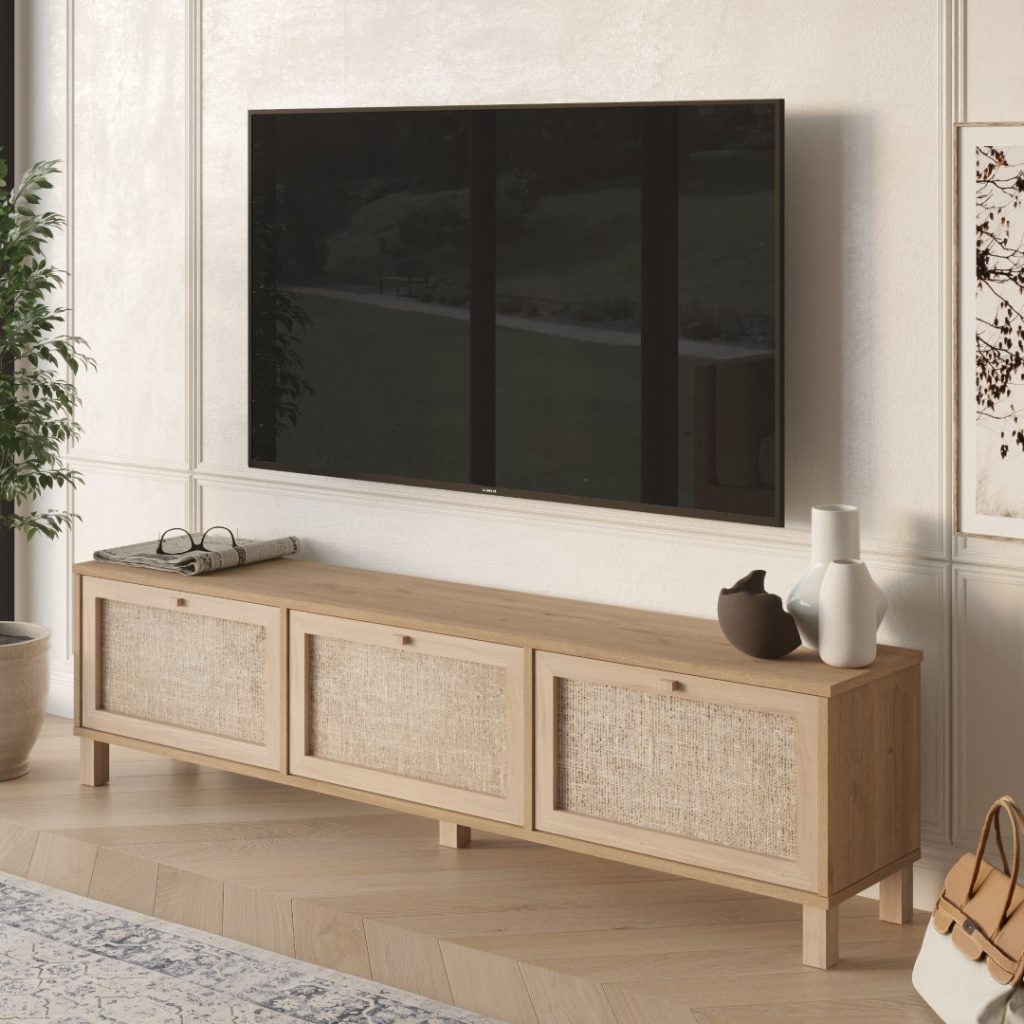 Dune Tv Ünitesi Sehpası Ahşap Ayaklı 3 Ahşap Jüt Kapaklı 180cm Sepet-Jüt DN2-SJ