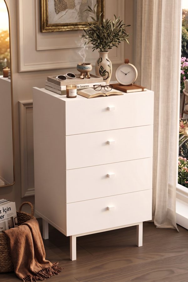 Luke Şifonyer 4 Çekmeceli Ahşap Ayaklı Beyaz LK3-W