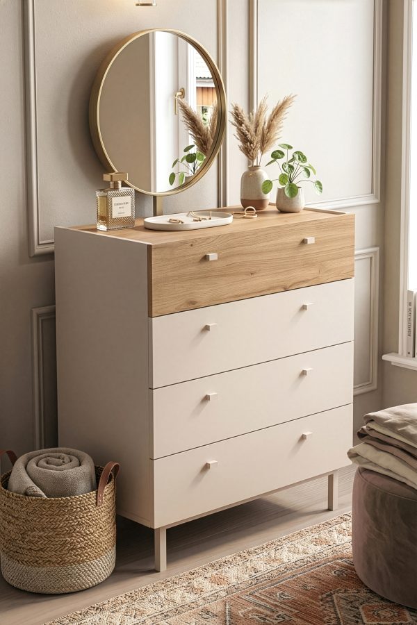 Luke Geniş Şifonyer 4 Çekmeceli Ahşap Ayaklı Kumsal-Sepet LK6-CS