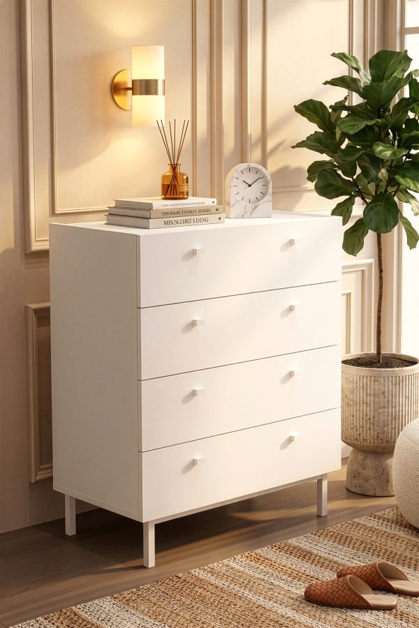 Luke Geniş Şifonyer 4 Çekmeceli Ahşap Ayaklı Beyaz LK6-W