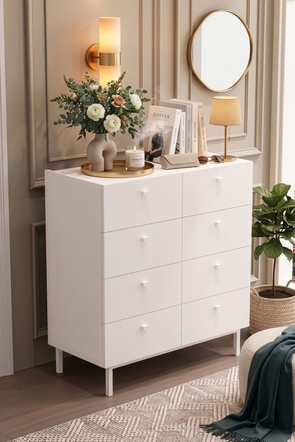 Luke Geniş Şifonyer 8 Çekmeceli Ahşap Ayaklı Beyaz LK7-W