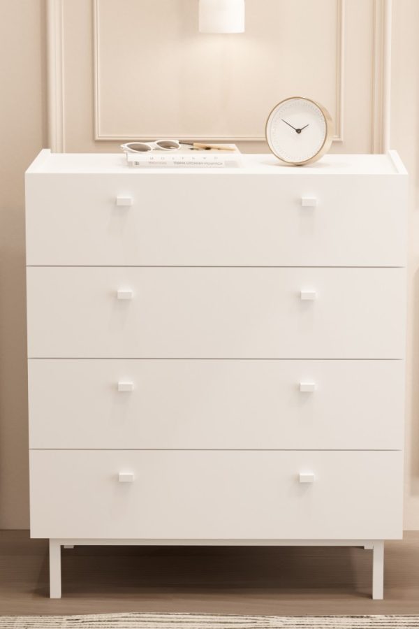 Luke Geniş Şifonyer 4 Çekmeceli Ahşap Ayaklı Beyaz LK6-W