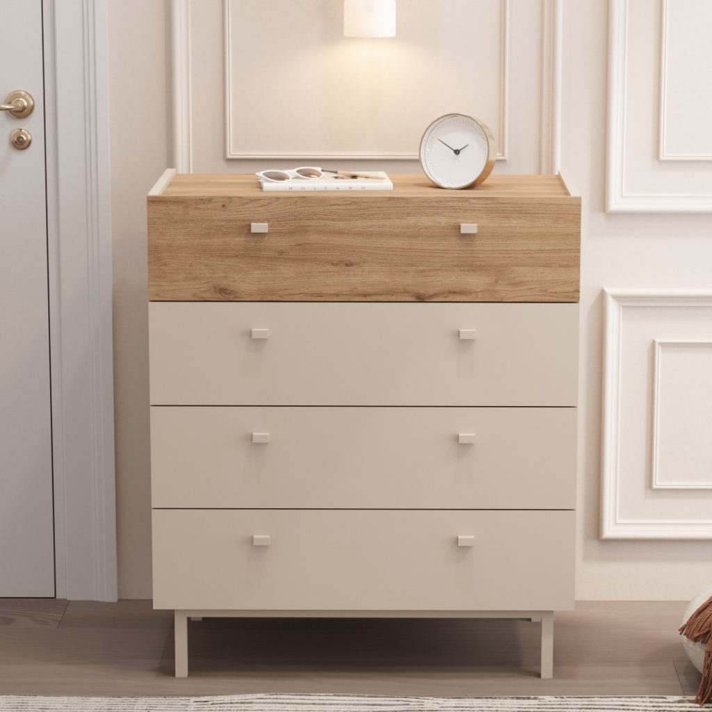 Luke Geniş Şifonyer 4 Çekmeceli Ahşap Ayaklı Kumsal-Sepet LK6-CS