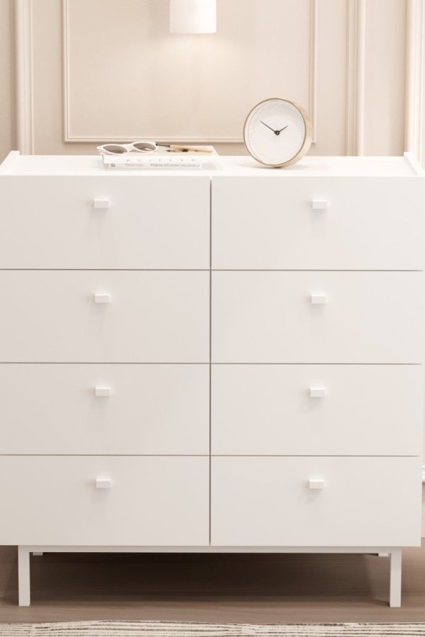 Luke Geniş Şifonyer 8 Çekmeceli Ahşap Ayaklı Beyaz LK7-W