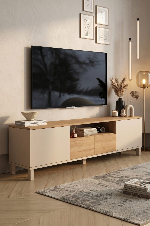Mood Tv Ünitesi Sehpası 2 Kapaklı 2 Çekmeceli Ahşap Ayaklı 180cm Kumsal-Sepet MD1-CS