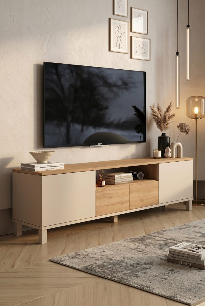 Mood Tv Ünitesi Sehpası 2 Kapaklı 2 Çekmeceli Ahşap Ayaklı 180cm Kumsal-Sepet MD1-CS