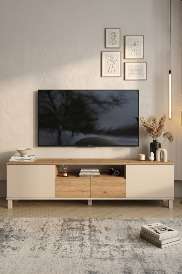 Mood Tv Ünitesi Sehpası 2 Kapaklı 2 Çekmeceli Ahşap Ayaklı 180cm Kumsal-Sepet MD1-CS