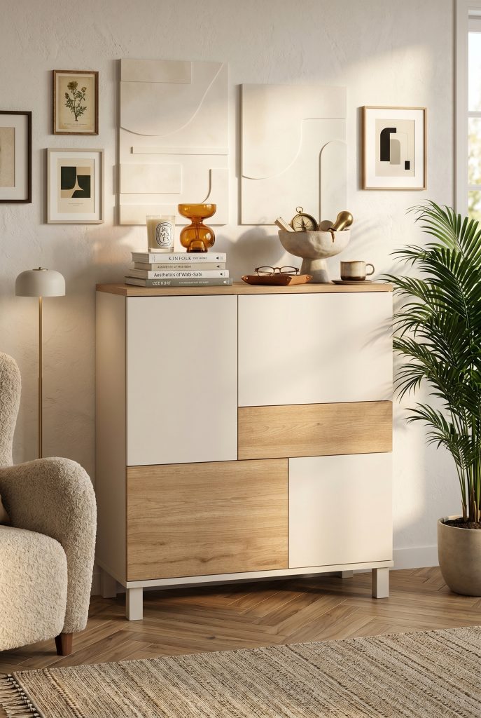 Mood Çok Amaçlı Dolap Ahşap Ayaklı 4 Kapaklı Çekmeceli Kumsal-Sepet MD3-CS