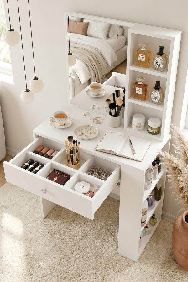 Monroe Makyaj Masası Çekmeceli Düzenleyici Raflı Beyaz MO1-W