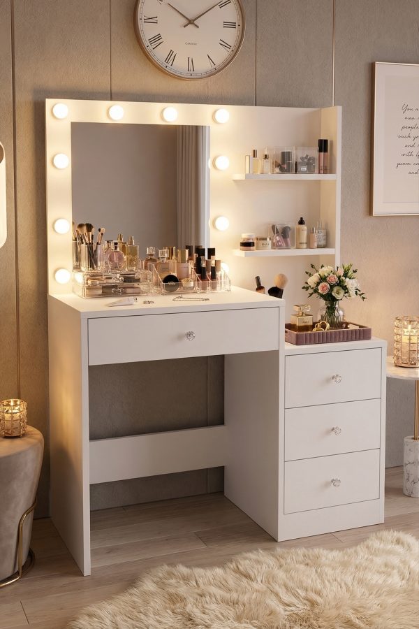 Monroe Makyaj Masası 4 Çekmeceli Düzenleyici Hollywood Led Işıklı Raflı Beyaz MO2-W