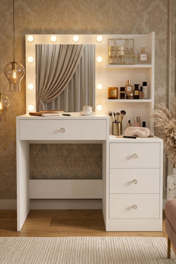 Monroe Makyaj Masası 4 Çekmeceli Düzenleyici Hollywood Led Işıklı Raflı Beyaz MO2-W