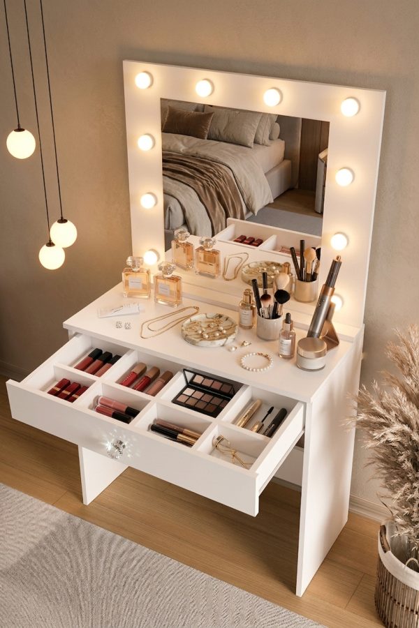 Monroe Makyaj Masası Çekmeceli Düzenleyici Hollywood Led Işıklı Raflı Beyaz MO4-W