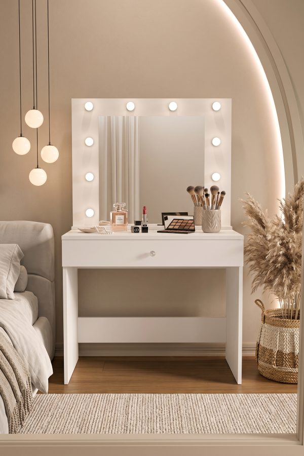Monroe Makyaj Masası Çekmeceli Düzenleyici Hollywood Led Işıklı Raflı Beyaz MO4-W