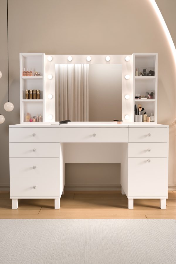 Monroe Makyaj Masası 7 Çekmeceli Kapaklı Düzenleyici Hollywood Led Işıklı Raflı Beyaz MO5-W