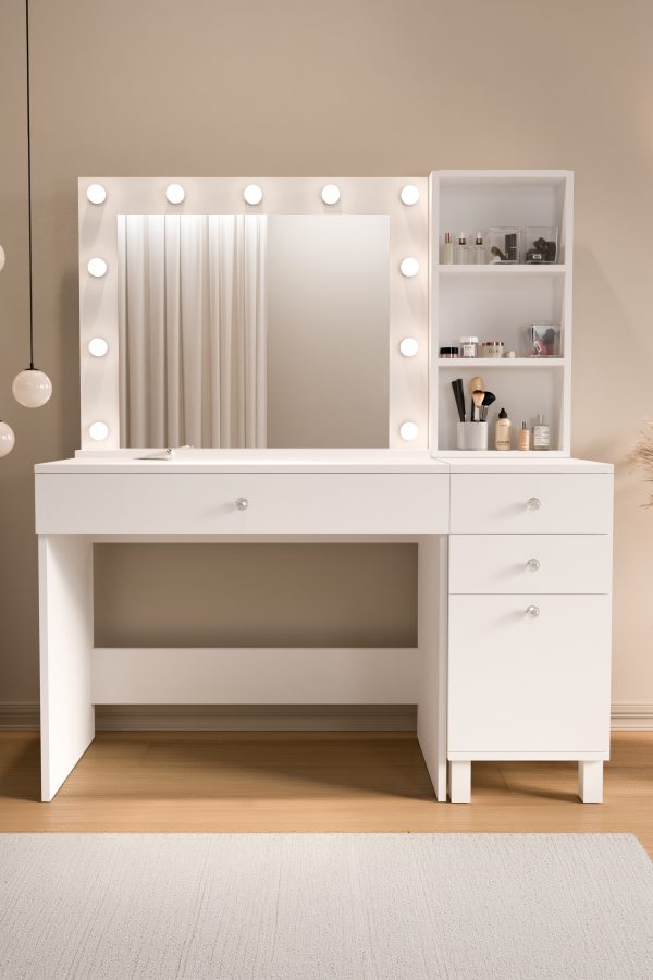 Monroe Makyaj Masası 3 Çekmeceli Kapaklı Düzenleyici Hollywood Led Işıklı Raflı Beyaz MO6-W