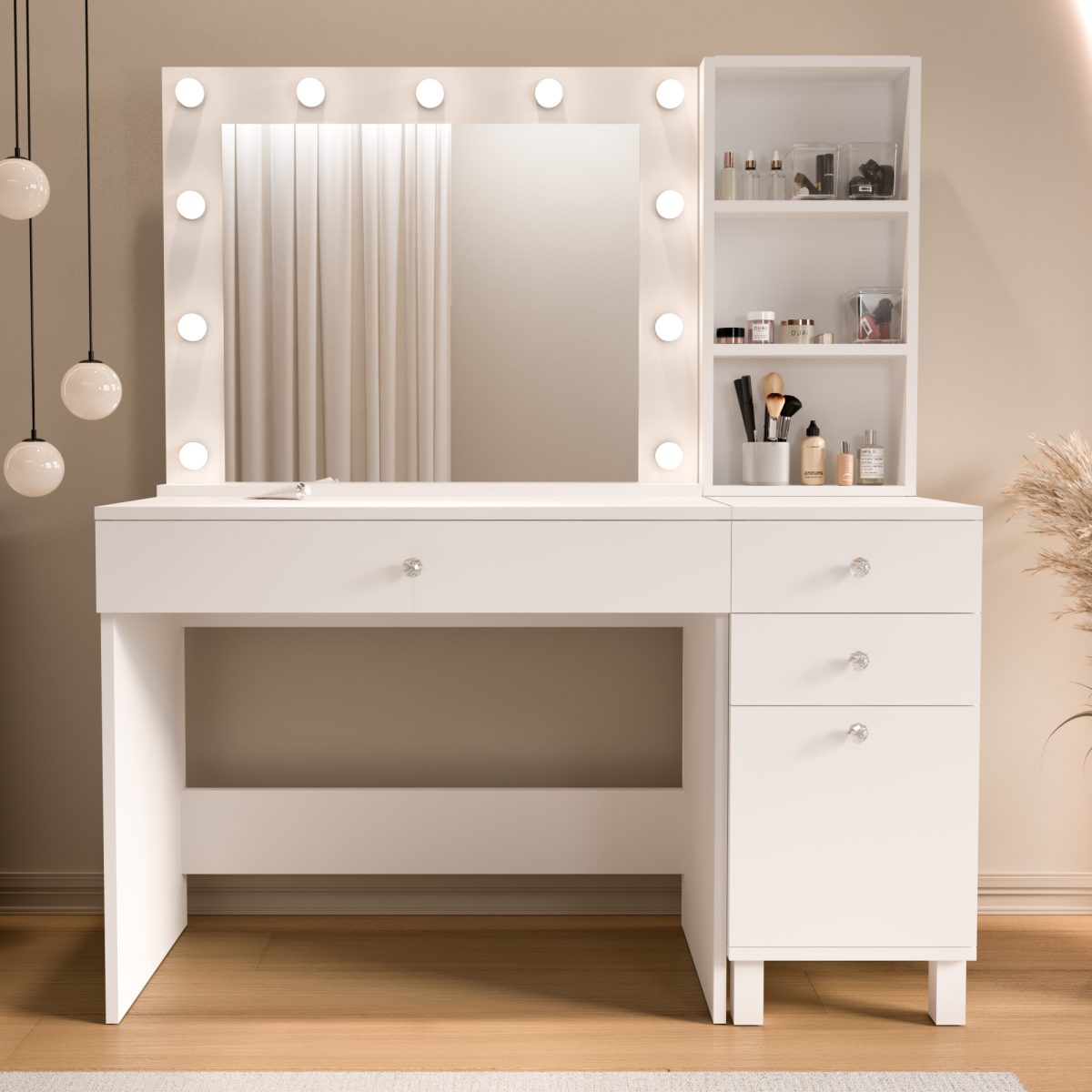 Monroe Makyaj Masası 3 Çekmeceli Kapaklı Düzenleyici Hollywood Led Işıklı Raflı Beyaz MO6-W