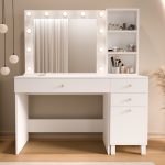 Monroe Makyaj Masası 3 Çekmeceli Kapaklı Düzenleyici Hollywood Led Işıklı Raflı Beyaz MO6-W