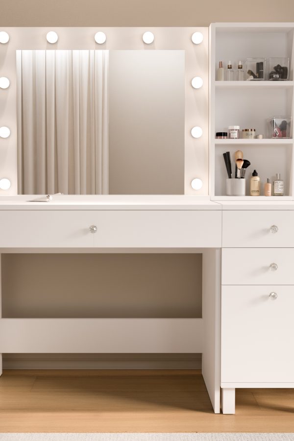 Monroe Makyaj Masası 3 Çekmece Kapaklı Düzenleyici Hollywood Led Işıklı Raflı Beyaz MO6-W